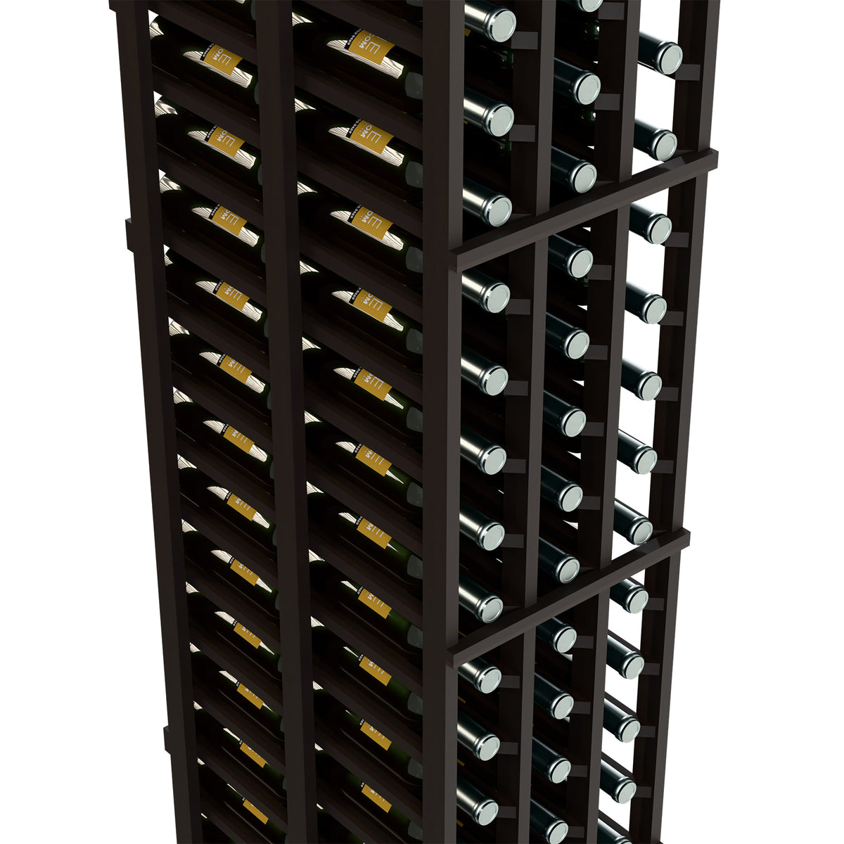 Close-up of dark-finish wine rack with horizontal bottle slots and metal bottle caps