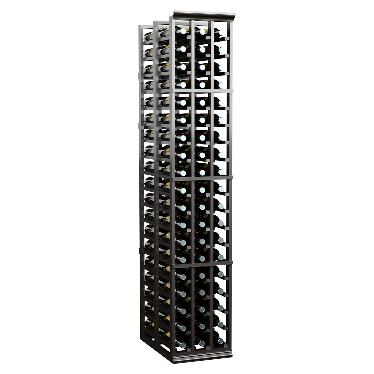 Front view of dark-finish 3-column wine rack with multiple bottles in grid cells