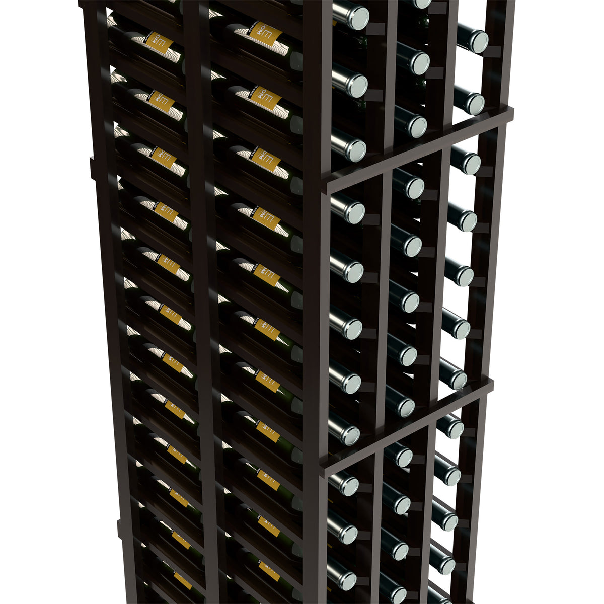 Angled view of dark-finish wine rack showing stacked bottle rows and supports