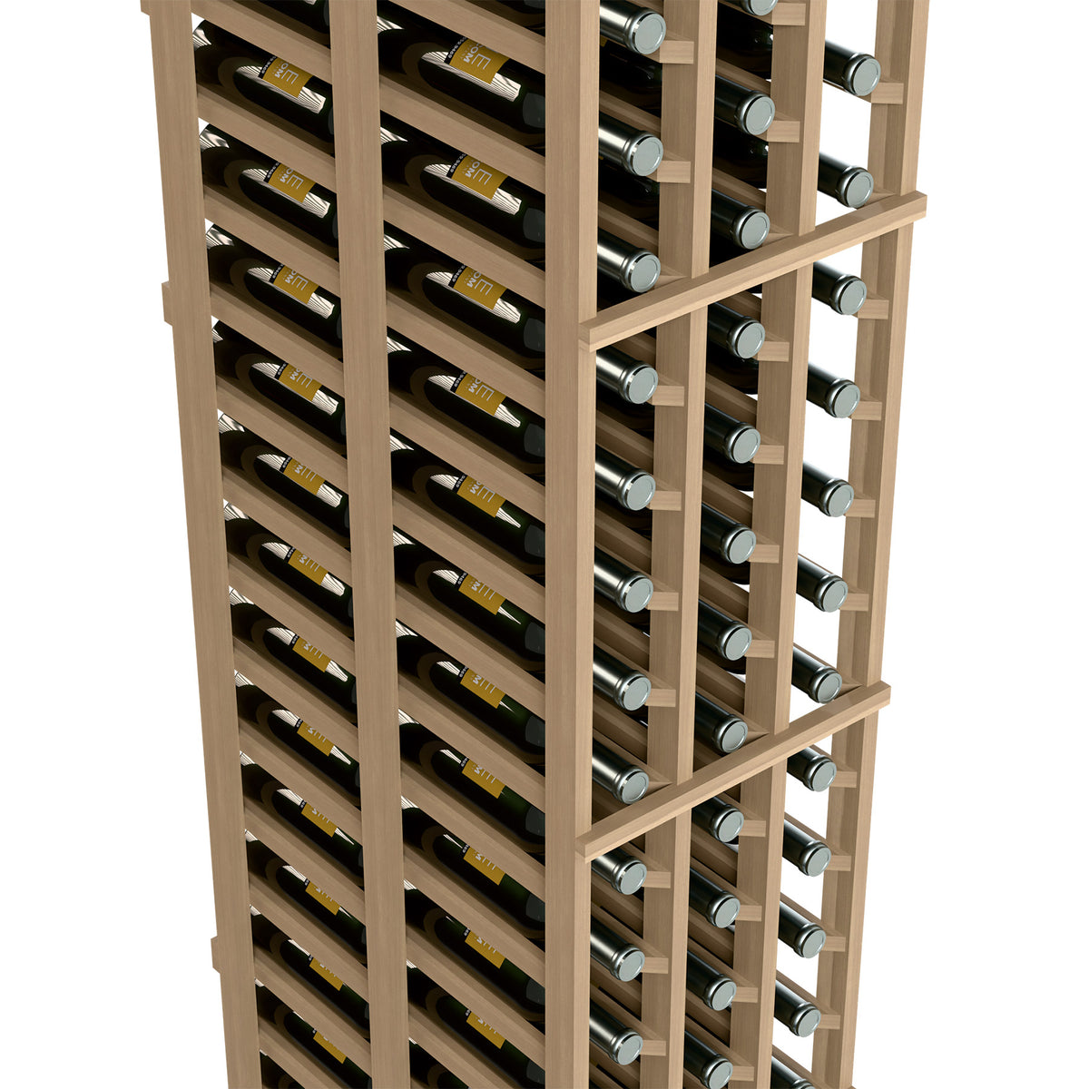 Light wood wine rack close-up showing bottle cubbies and multiple bottle rows
