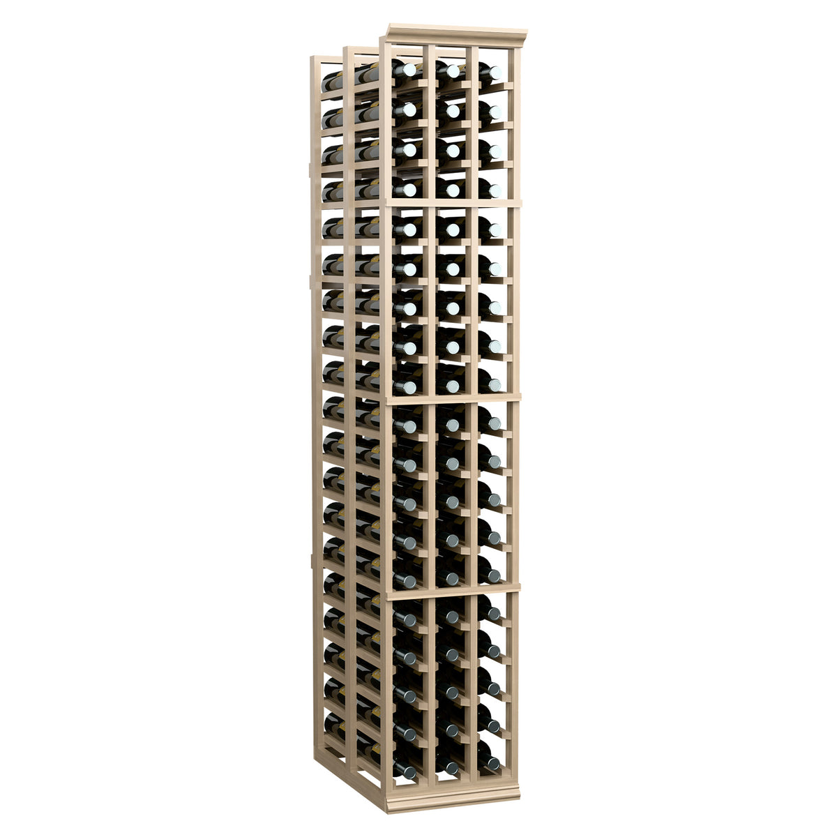 Light wood 3-column double-deep wine rack with bottle slots, front view