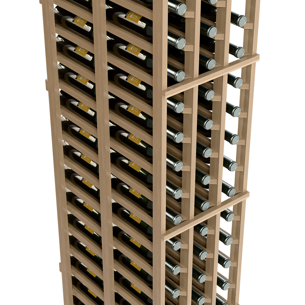 Light wood wine rack close-up with two sections of bottle holders