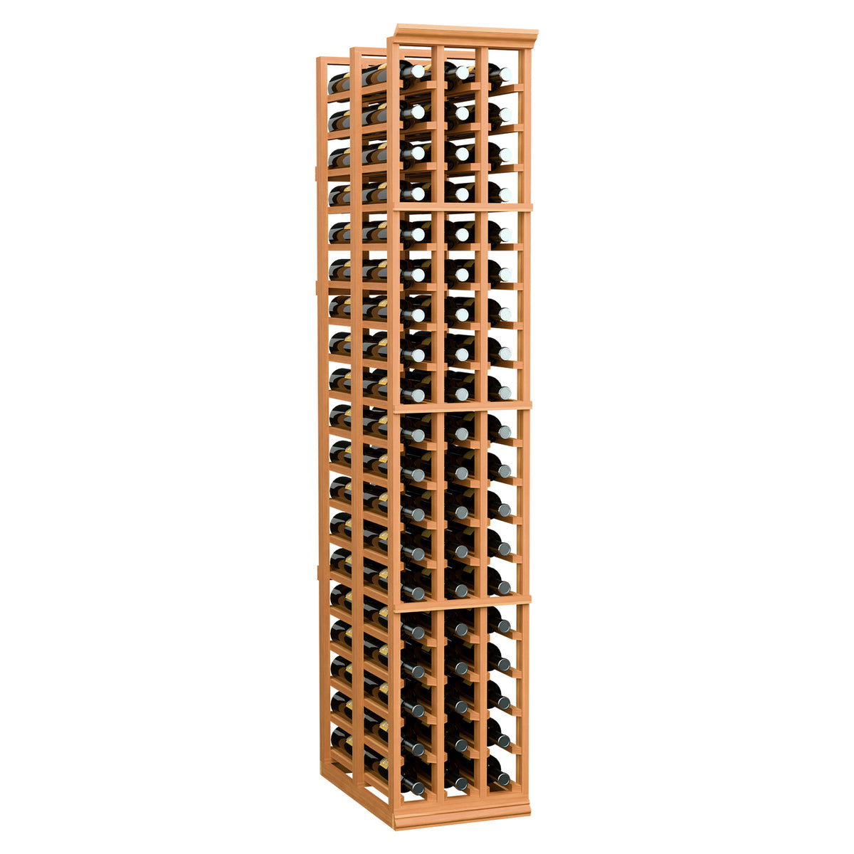 Reddish wood 3-column double-deep wine rack with bottle holders, front view