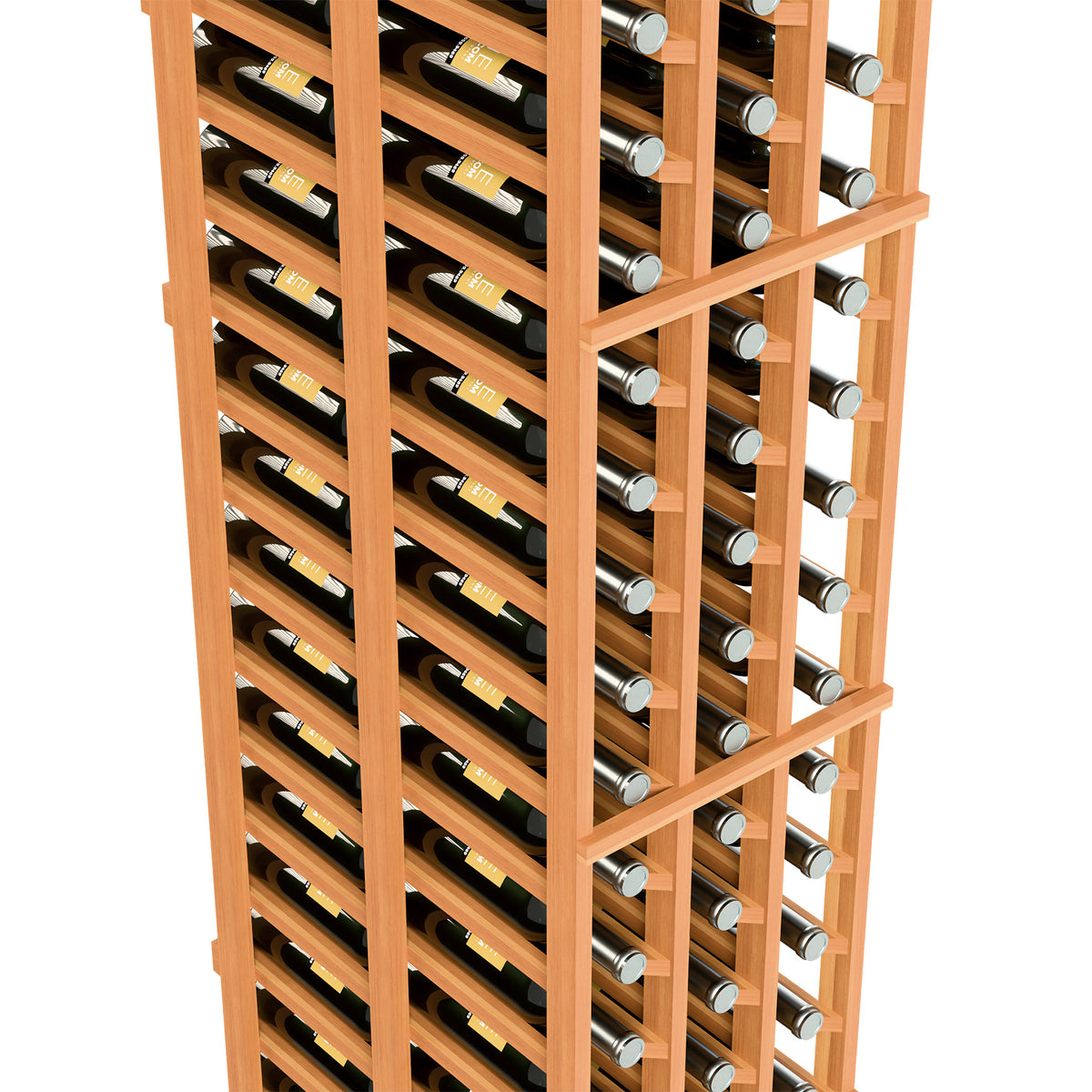 Reddish wood wine rack close-up showing bottle cubbies and rows of bottles