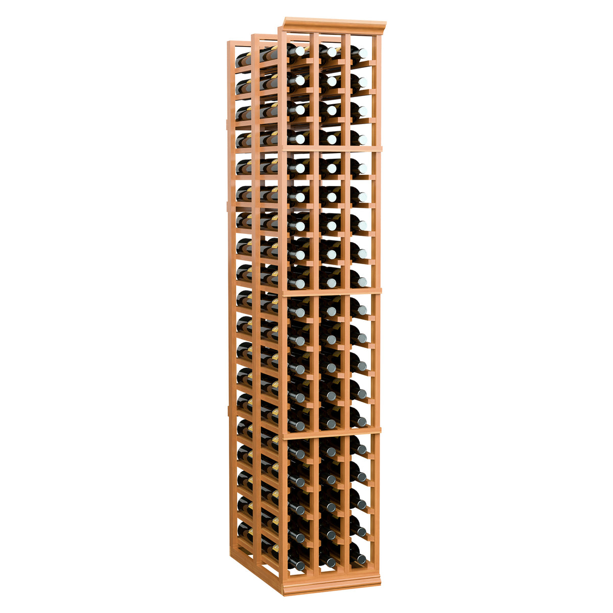 Reddish wood 3-column double-deep wine rack with bottle slots, front view