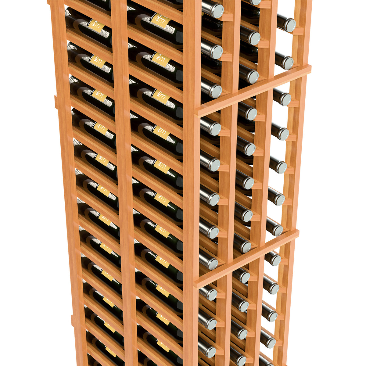 Reddish wood wine rack close-up with bottle holders in stacked rows