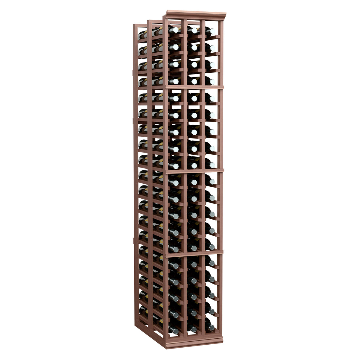 Dark wood 3-column double-deep wine rack with bottle holders, front view