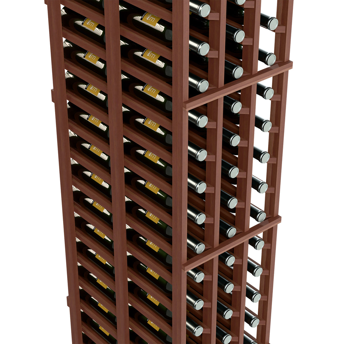 Dark wood wine rack close-up showing bottle cubbies and multiple bottle rows