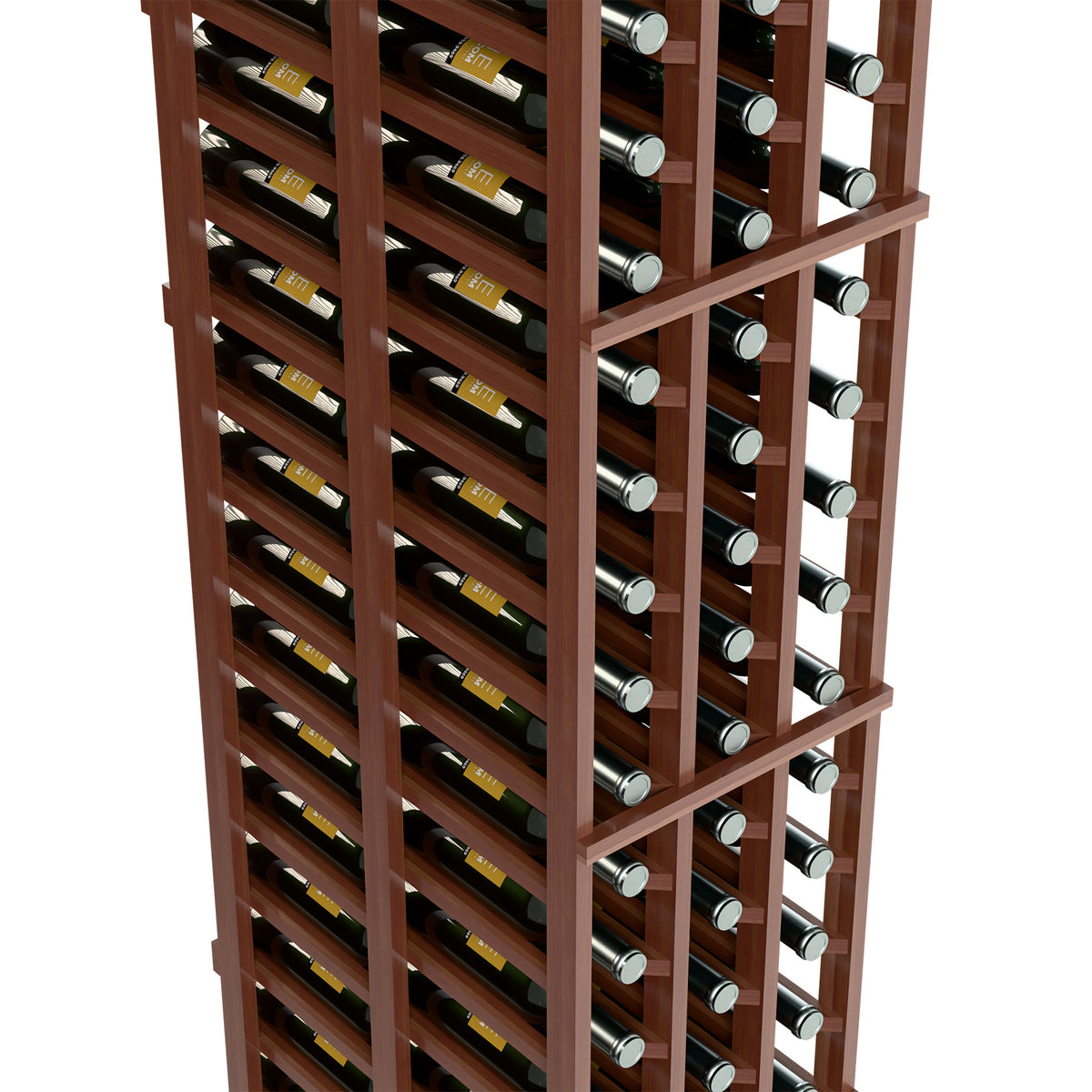 Close-up of dark wood wine bottle rack showing bottle rows and metal bottle holders