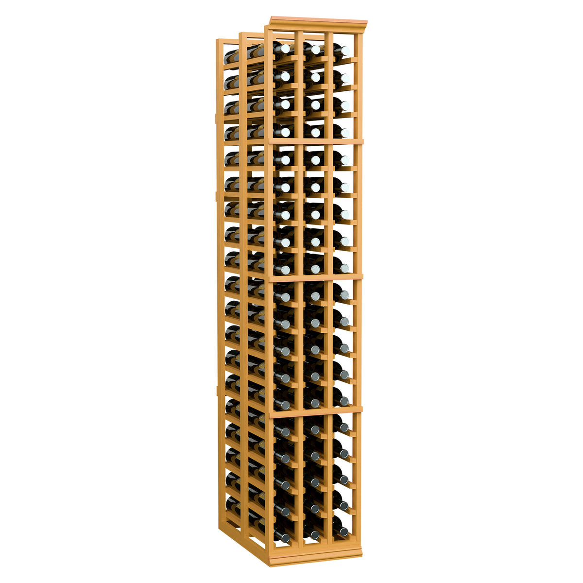 Light wood wine bottle rack with front and side bottle slots, tall 3-row design