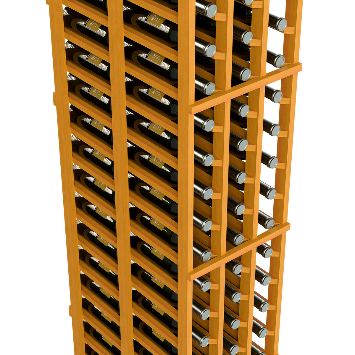 Close-up of light wood wine bottle rack with bottle rows and metal bottle holders