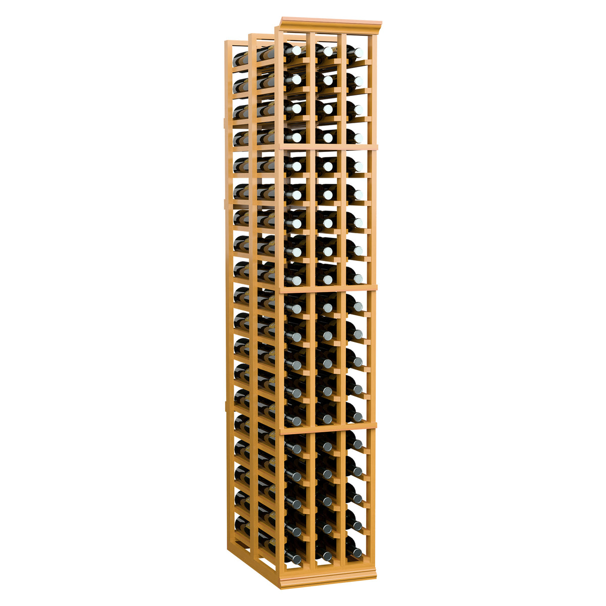 Medium wood wine bottle rack with front and side bottle slots, tall 3-row design