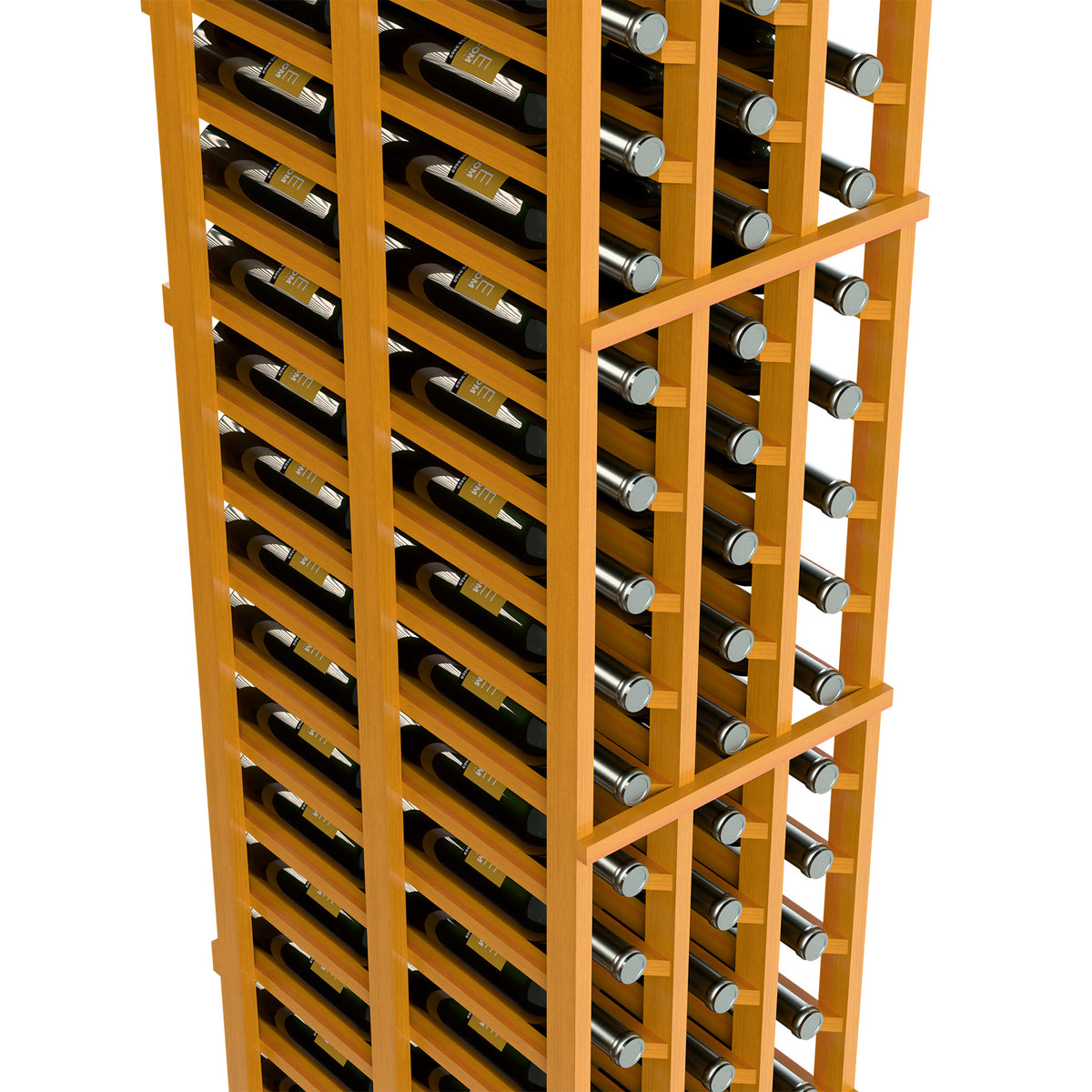 Close-up of medium wood wine bottle rack showing bottle rows and silver bottle caps