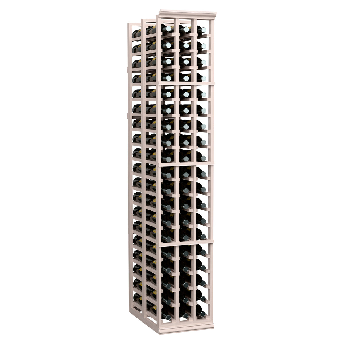 Gray wood wine bottle rack with front and side bottle slots, tall 3-row design