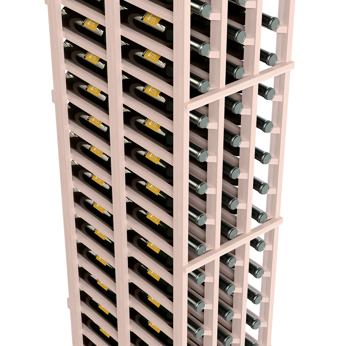 Close-up of gray wood wine bottle rack with bottle rows and metal bottle holders