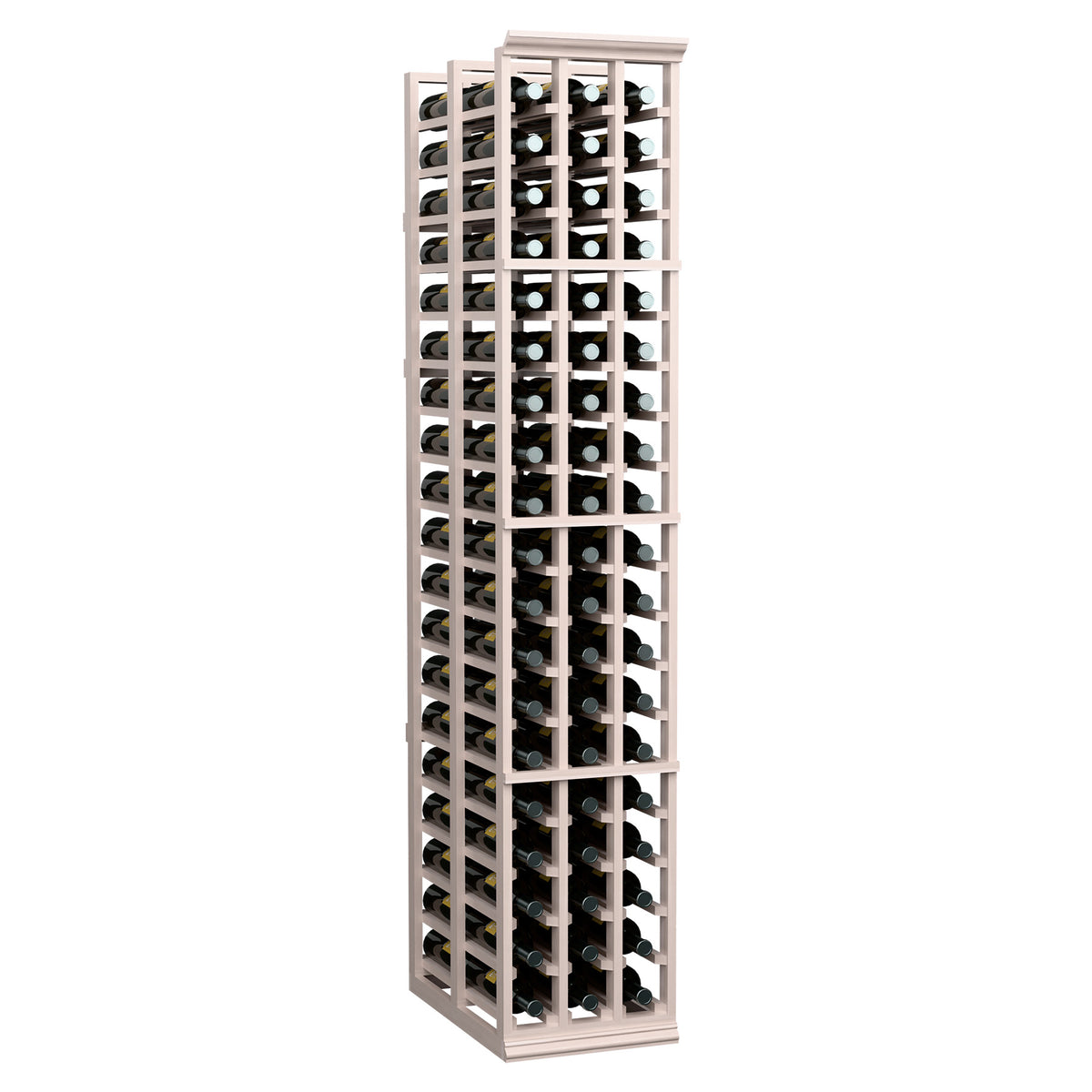 Light gray wine bottle rack with front and side bottle slots, tall 3-row design