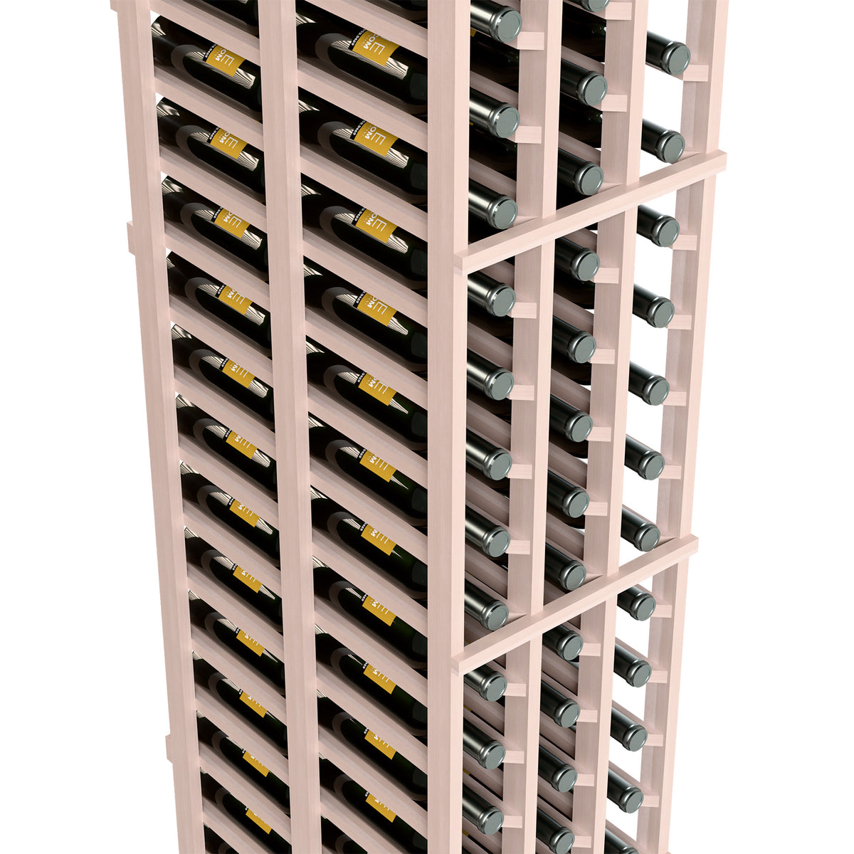 Close-up of light gray wine bottle rack showing bottle rows and silver bottle holders