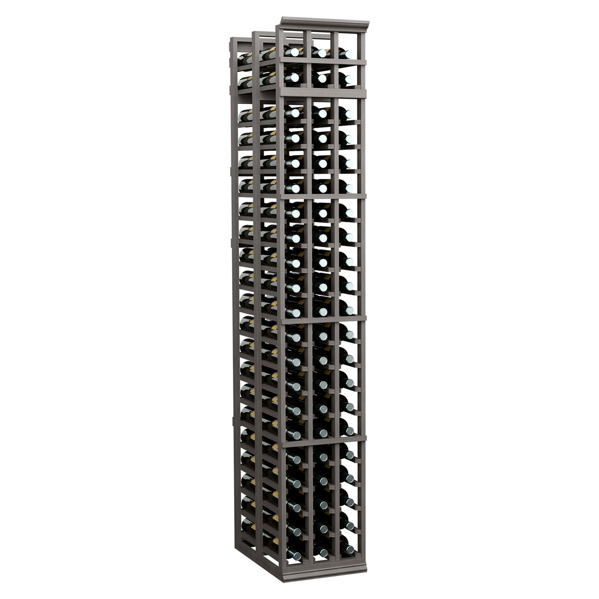 Tall 3-column double-deep wine bottle rack in dark gray/black with grid shelves
