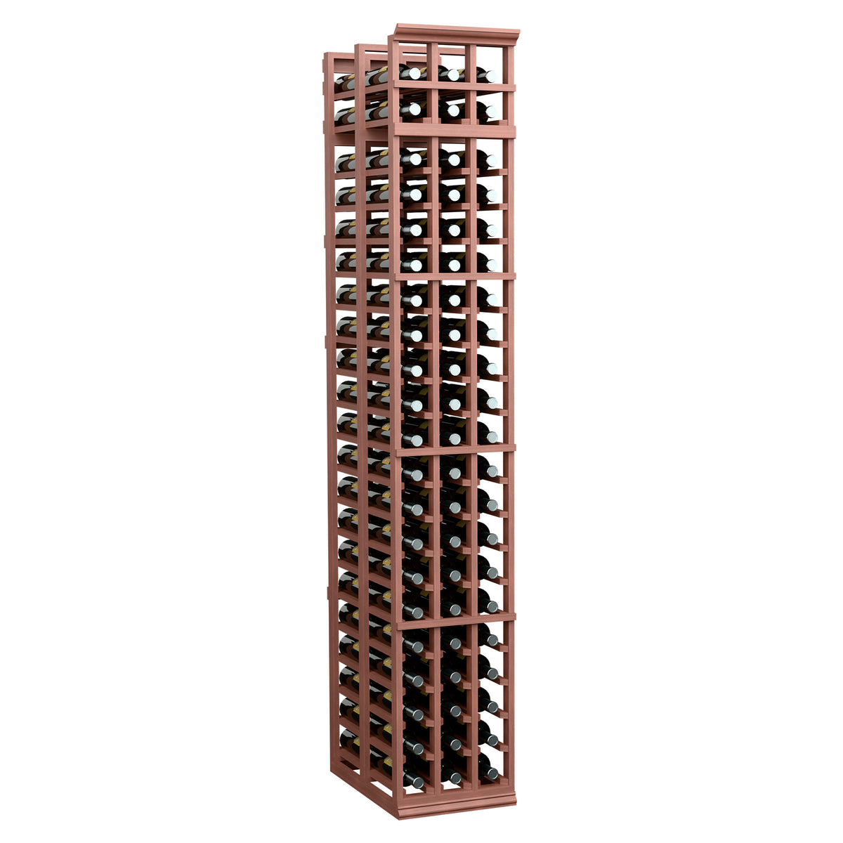 Tall 3-column double-deep wine bottle rack in reddish-brown wood with grid shelves