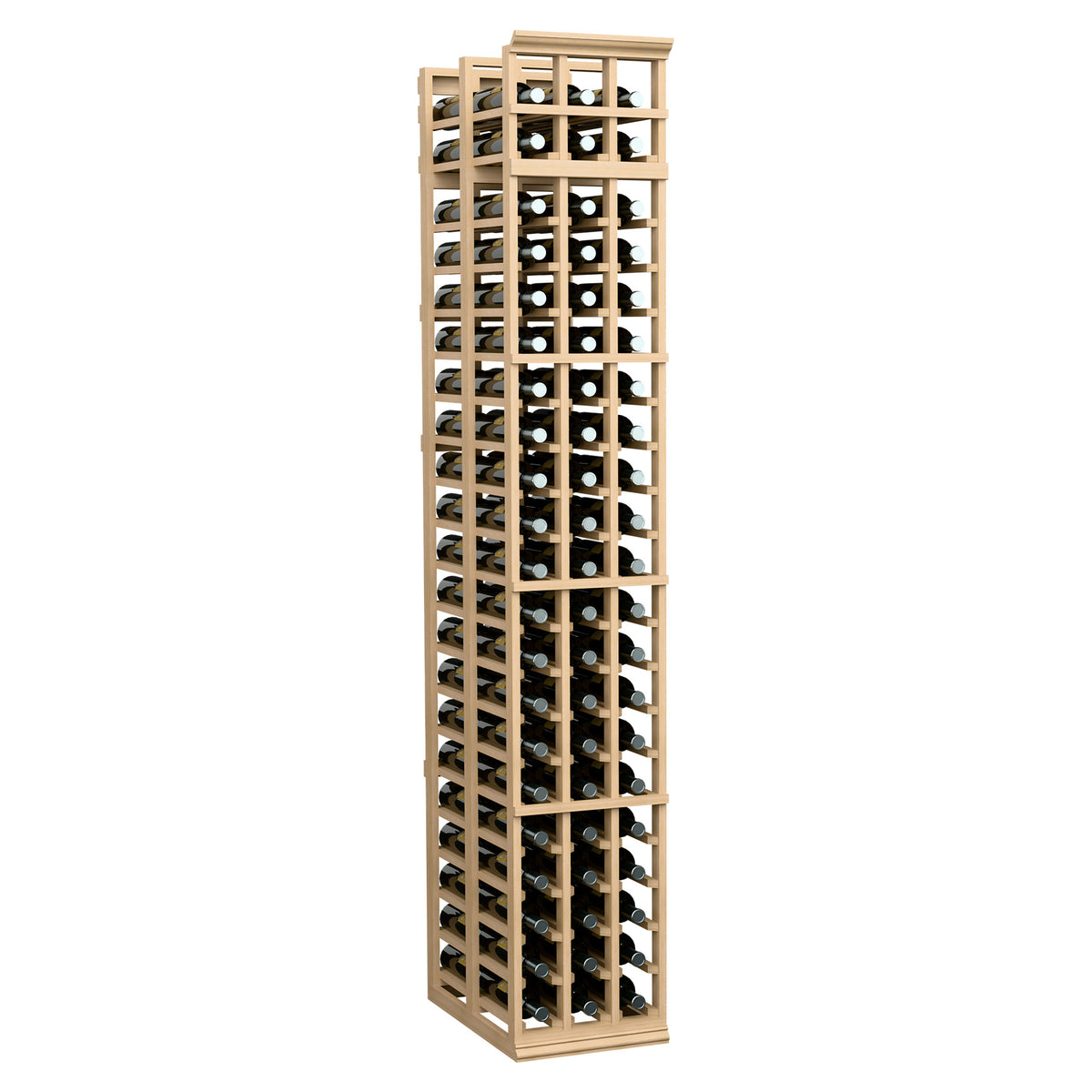 Tall 3-column double-deep wine bottle rack in light tan wood with grid shelves