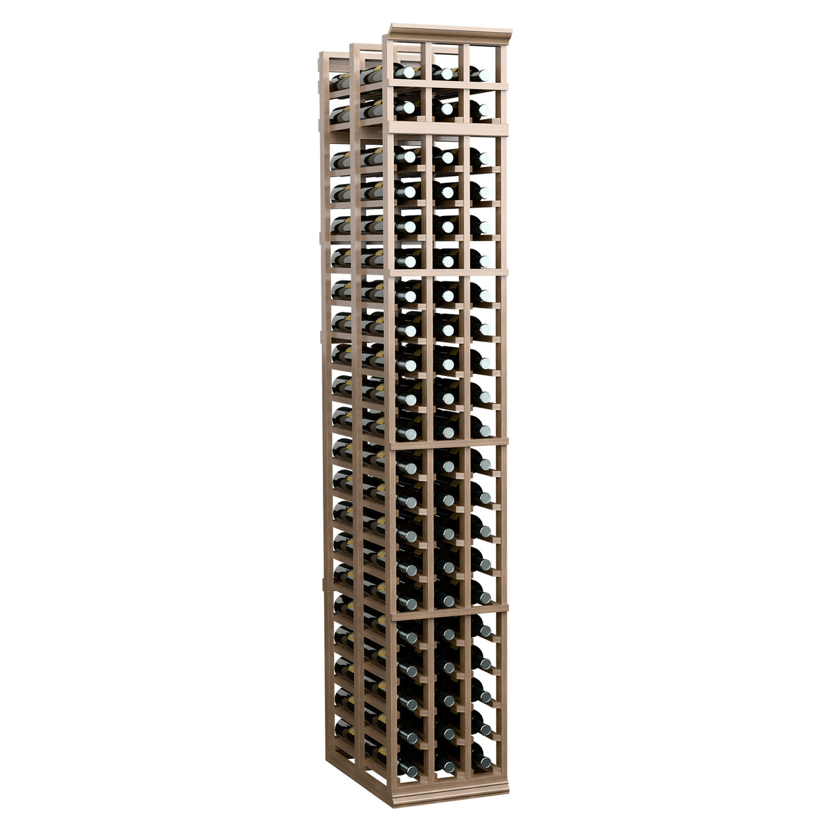 Tall 3-column double-deep wine bottle rack in dark brown/black wood with grid shelves
