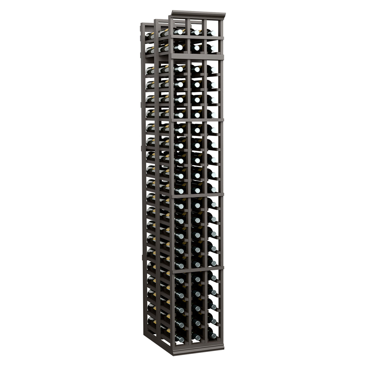 Tall 3-column double-deep wine bottle rack in dark gray/black with grid shelves