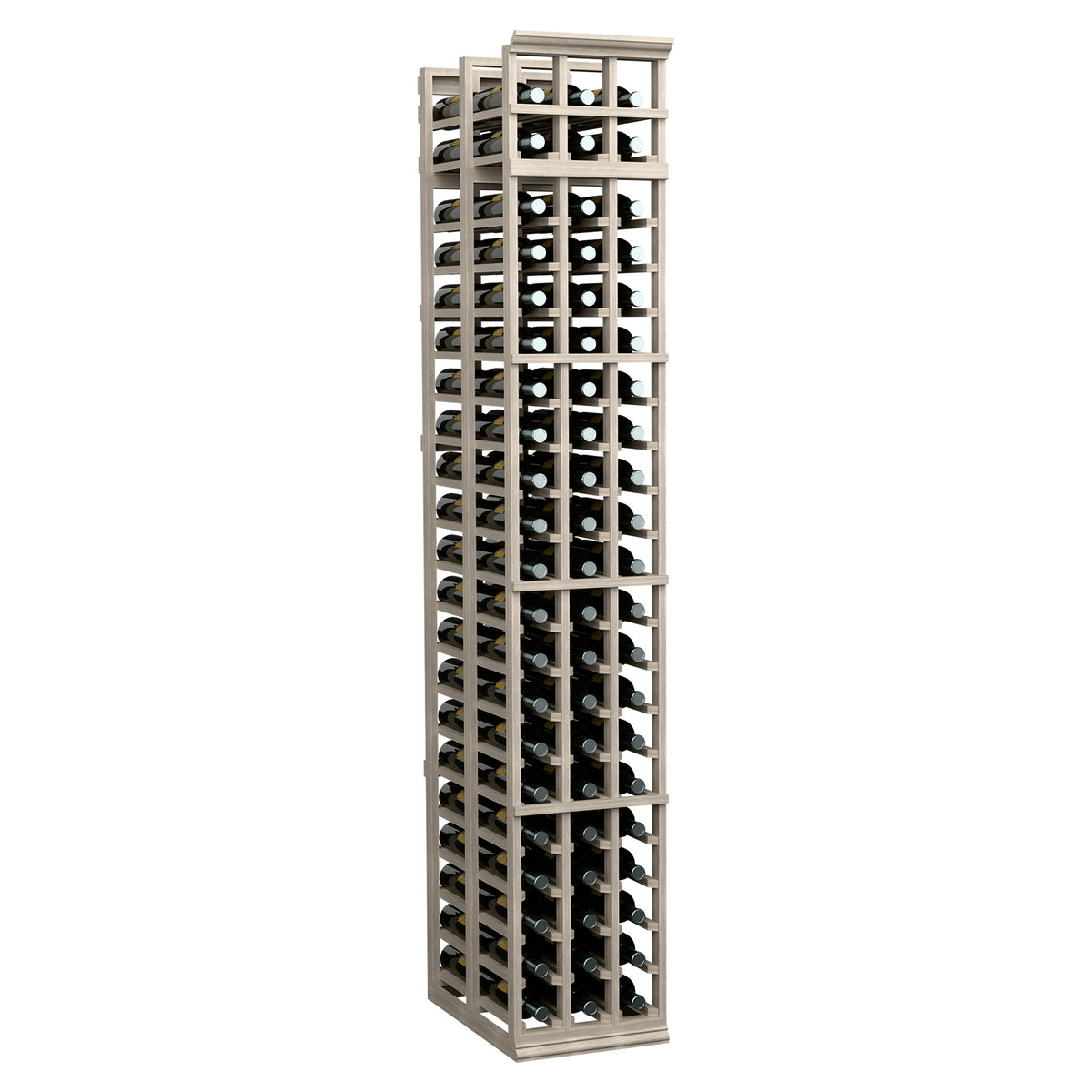 3-column double-deep wine rack, grey frame with black dividers, vertical bottle slots