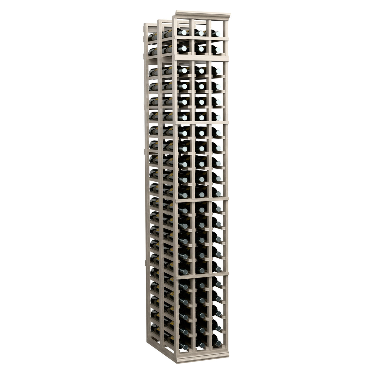 3-column double-deep wine rack, grey frame with black dividers, front-facing bottle slots