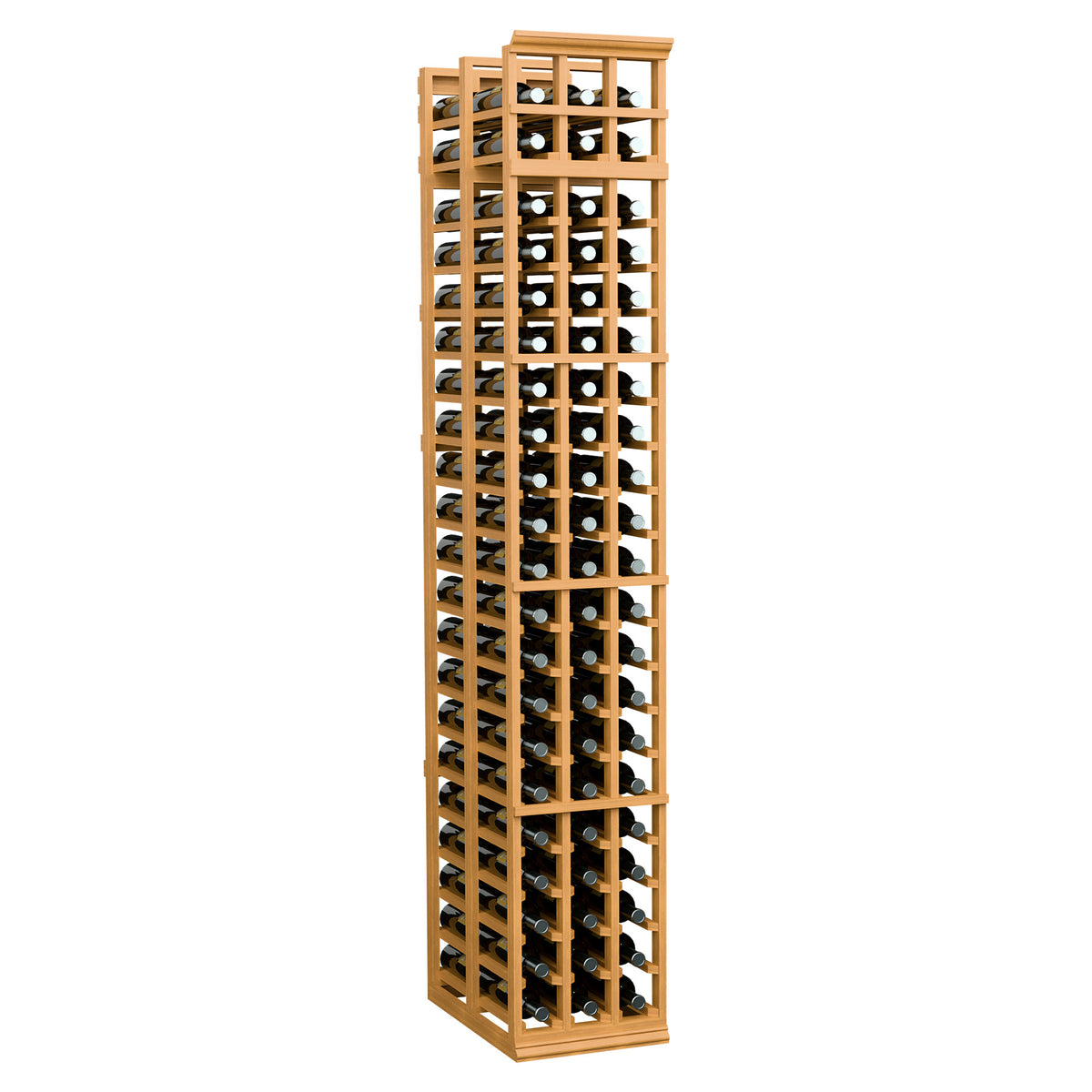 3-column double-deep wine rack, honey wood frame with black dividers, vertical bottle slots