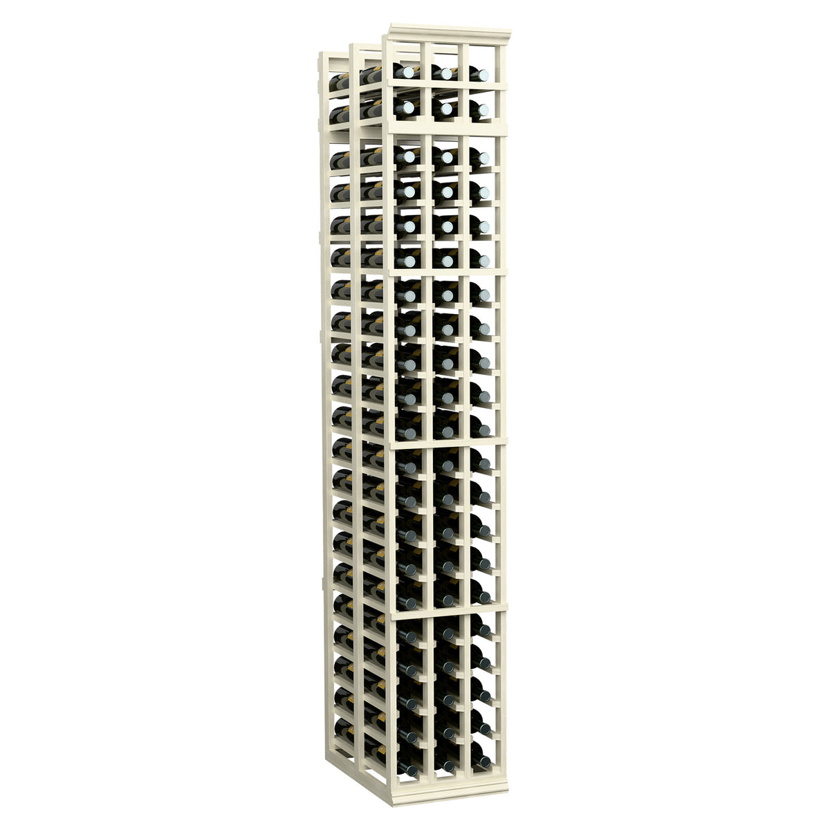 3-column double-deep wine rack, whitewashed frame with black dividers, front-facing bottle slots