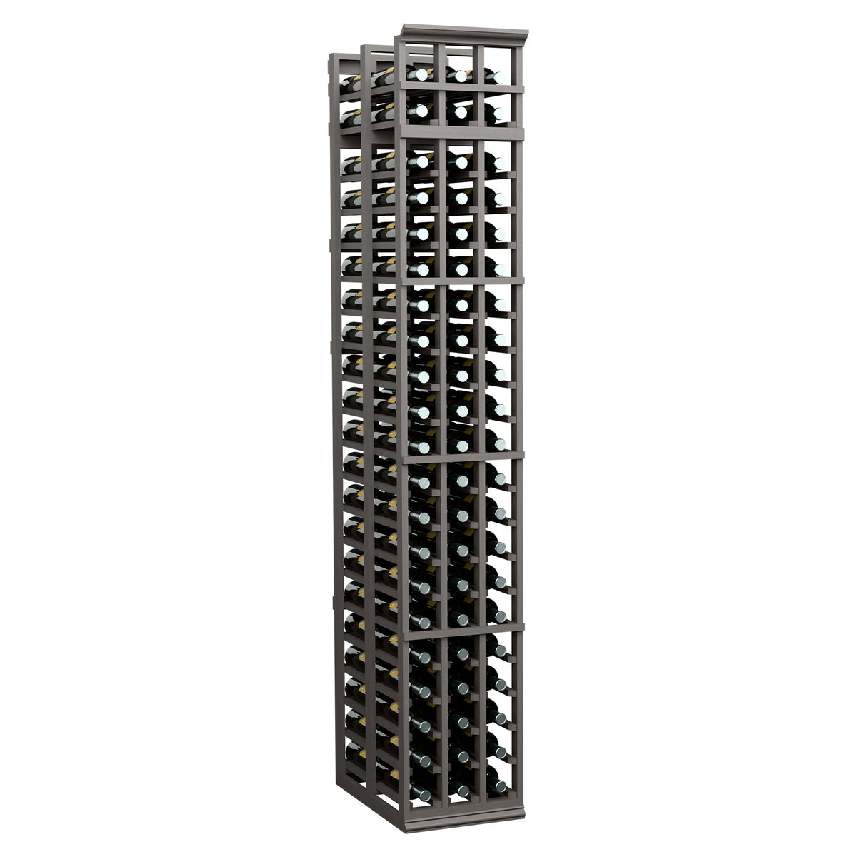 Dark grey wine storage rack with three columns and double-deep bottle slots