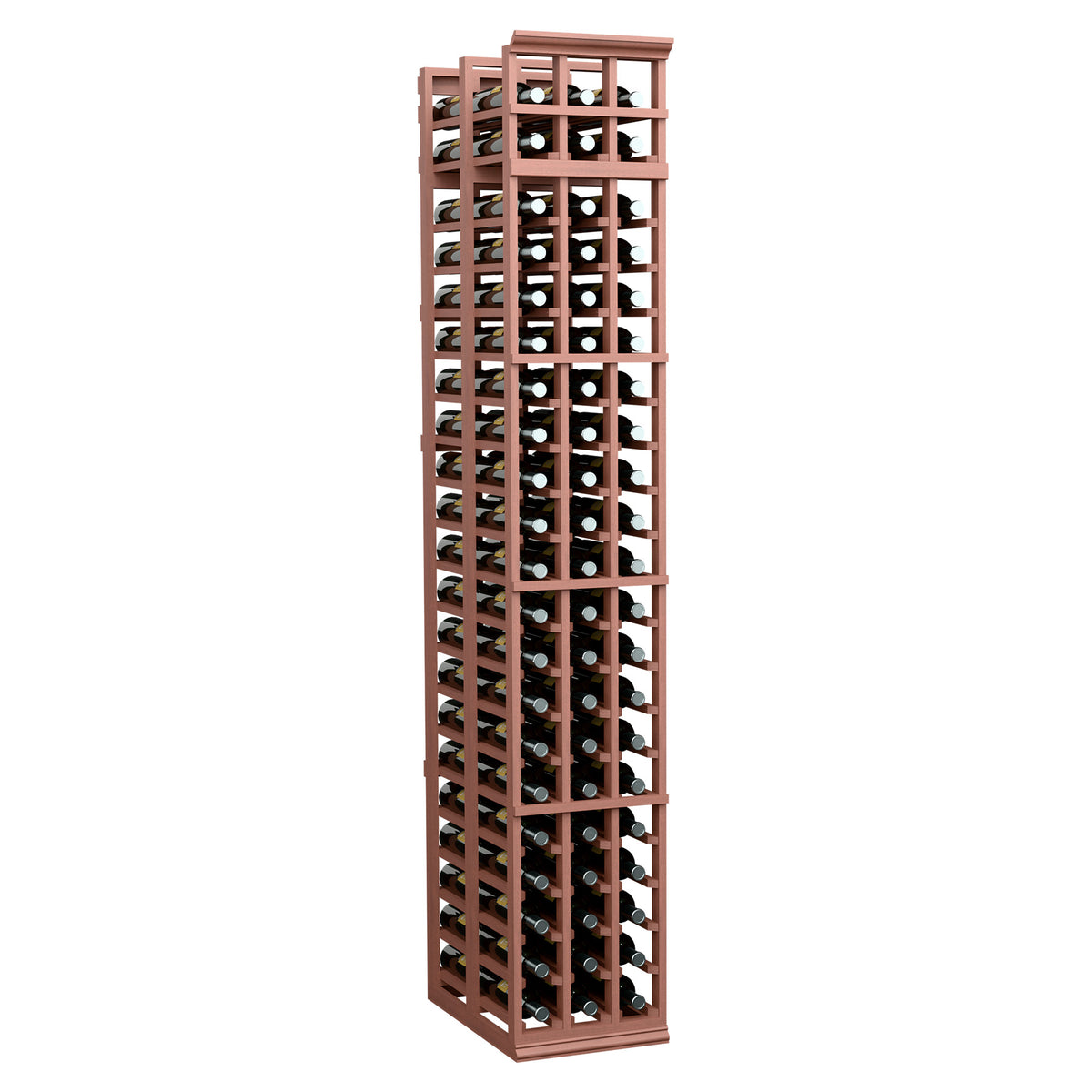 Red-brown wine storage rack with three columns and double-deep bottle compartments