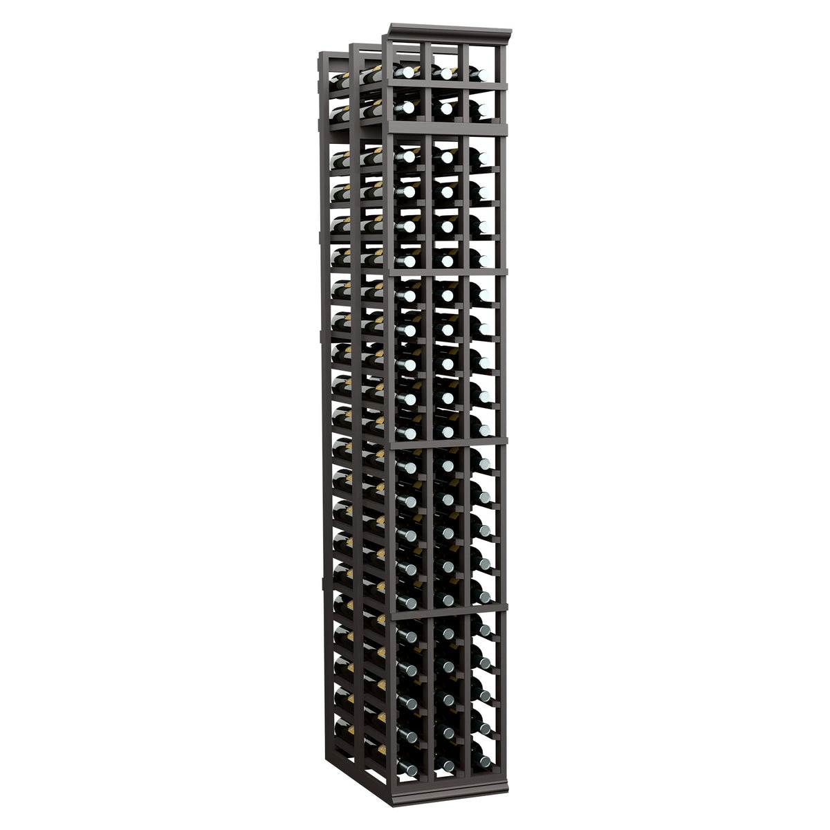 Dark grey wine storage rack with three columns and double-deep bottle compartments