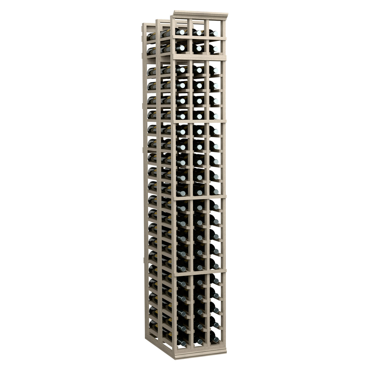 Wine rack with lattice bottle slots, light frame and dark interior, front view