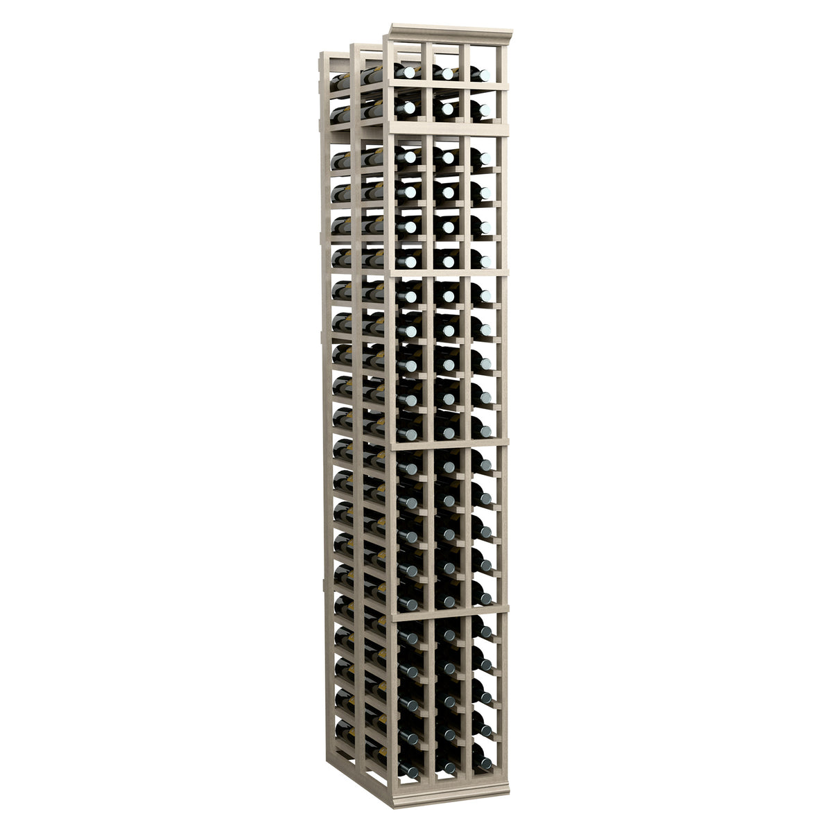 Wine rack with lattice bottle slots, light frame and dark interior, angled view