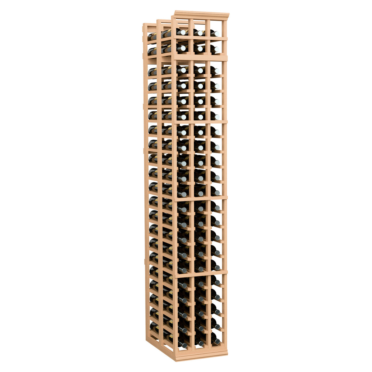 Wine rack with lattice bottle slots, warm light wood frame, front view