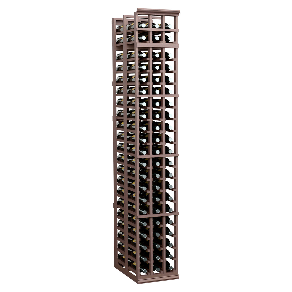 Wine rack with lattice bottle slots, dark wood frame, front view