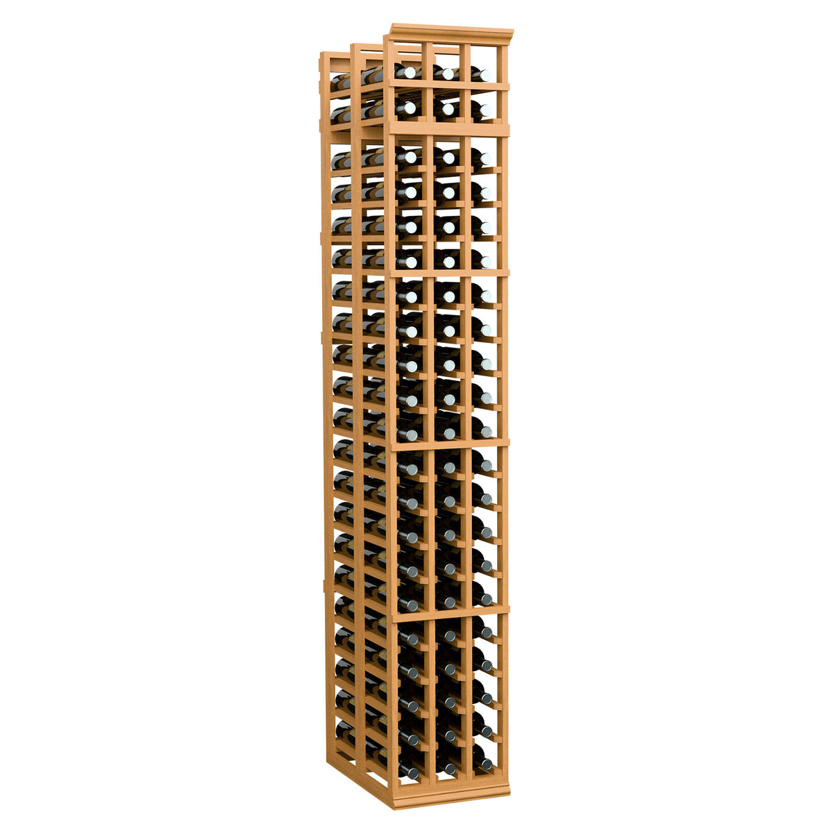 Wine rack with lattice bottle slots, light honey wood frame, front view