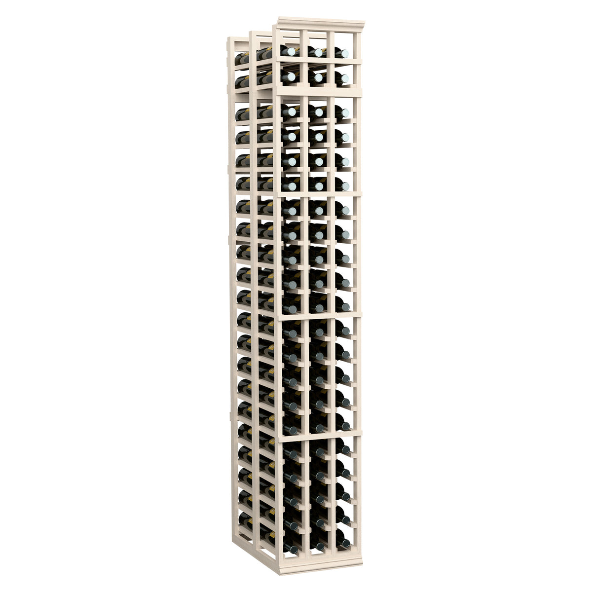 Wine rack with lattice bottle slots, light frame and dark interior, close front view