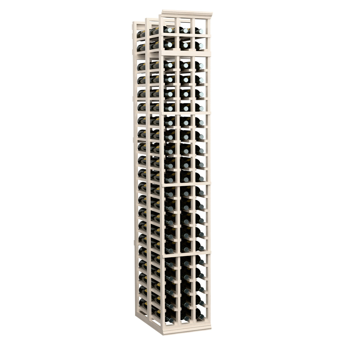 Wine rack with lattice bottle slots, light frame and dark interior, close angled view