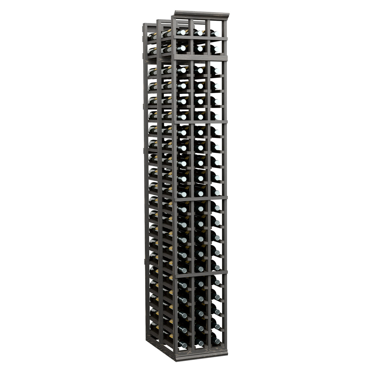3-column double-deep wine rack with dark frame and open cubby bottle storage