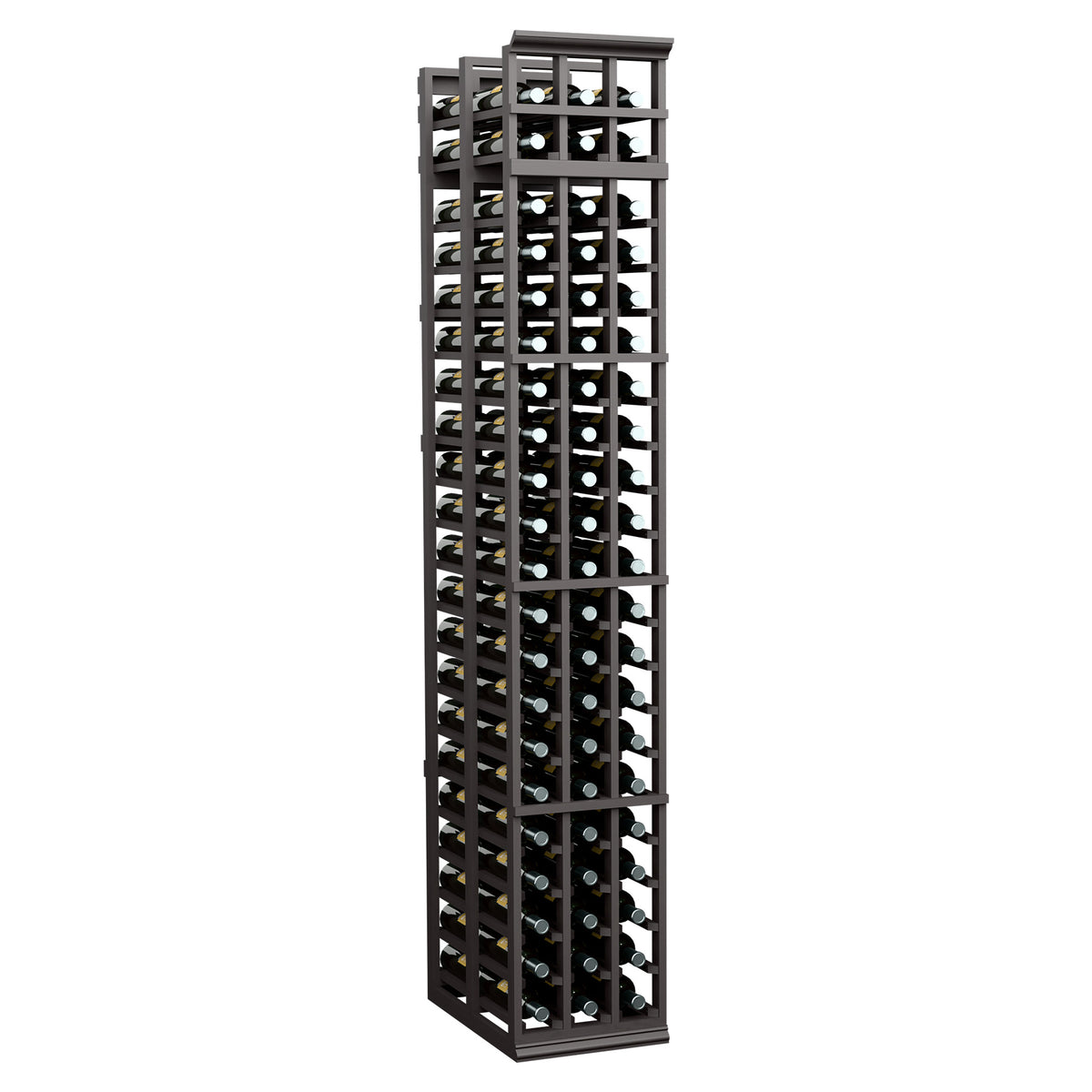 3-column double-deep wine rack with dark frame and multiple rows of bottle openings