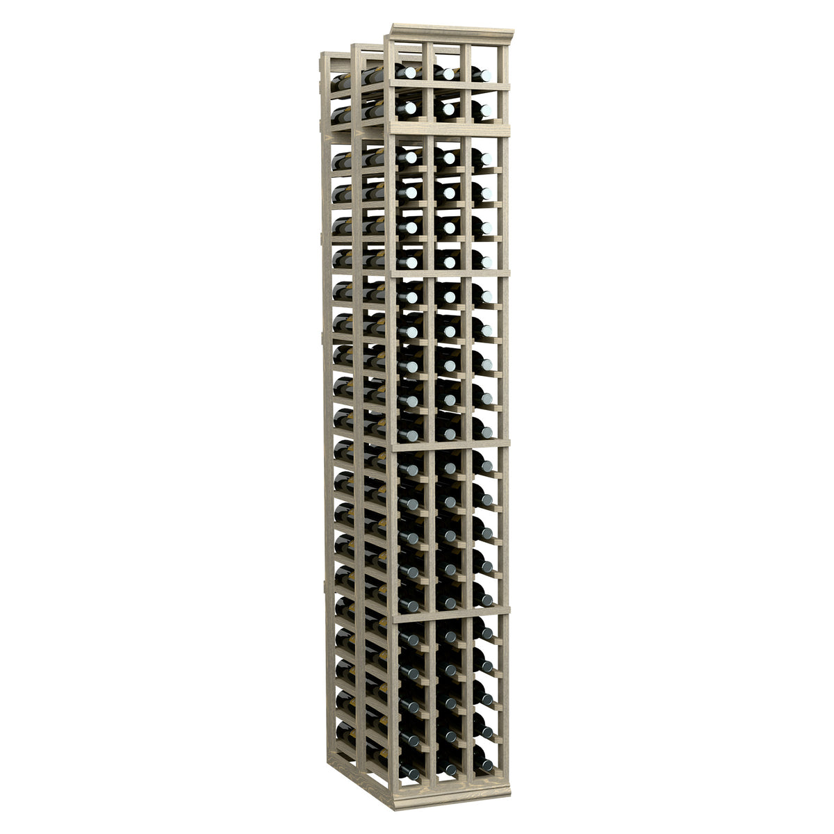 3-column double-deep wine bottle rack, angled front view, light frame with dark interior