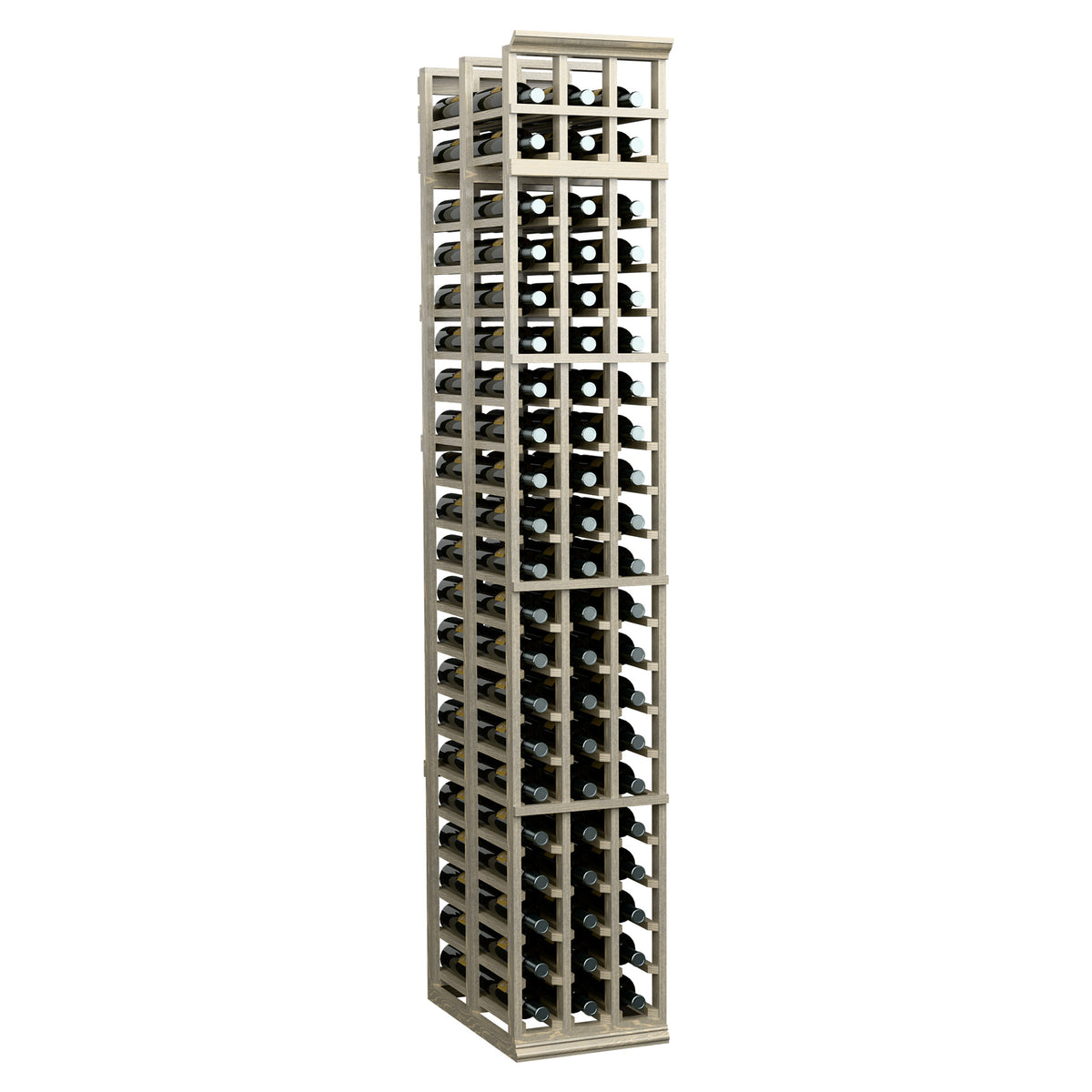 3-column double-deep wine bottle rack, angled front view, light frame with dark bottle holders