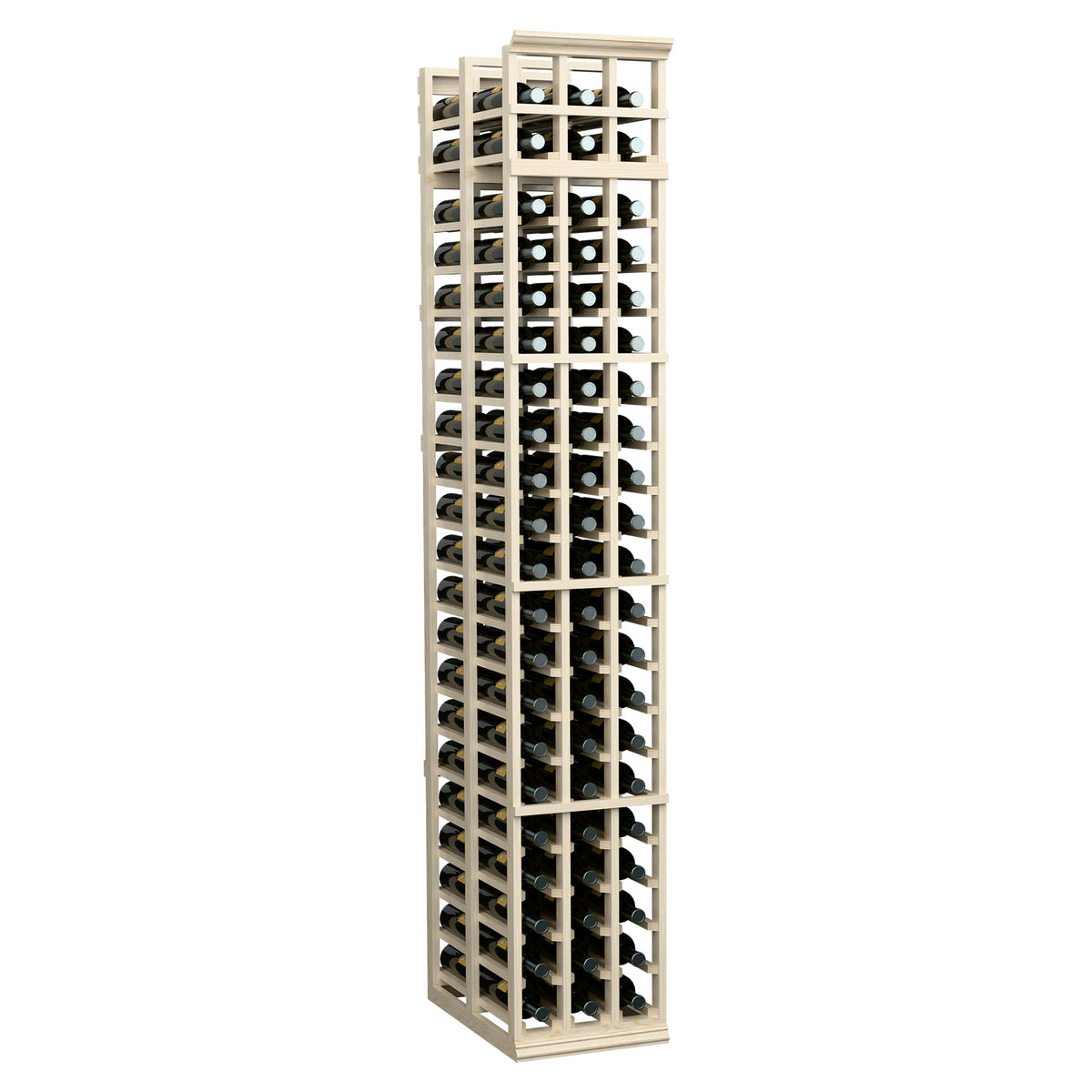 3-column double-deep wine bottle rack, front angled view, light frame and dark wine slots