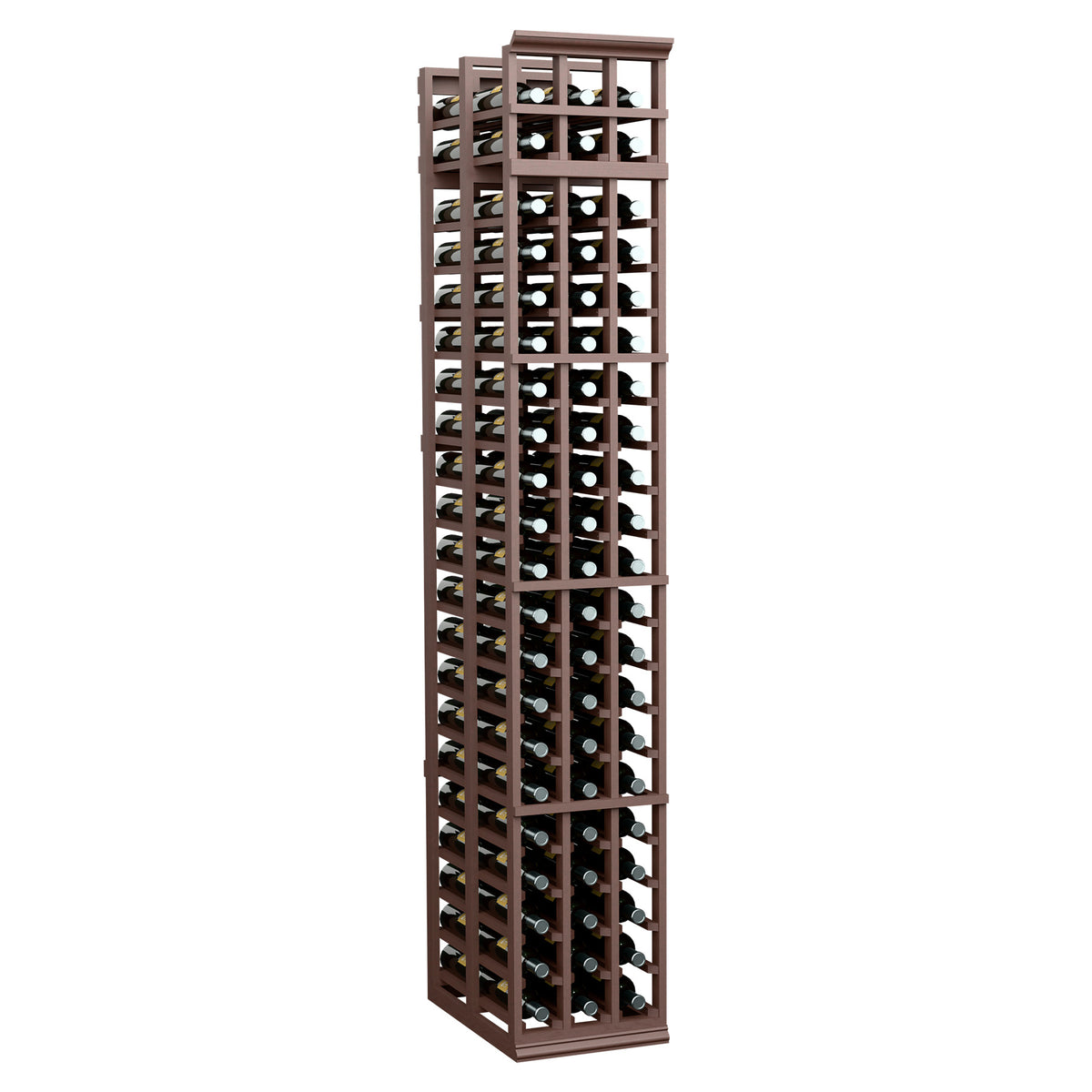 3-column double-deep wine bottle rack, angled front view, dark brown frame with black holders