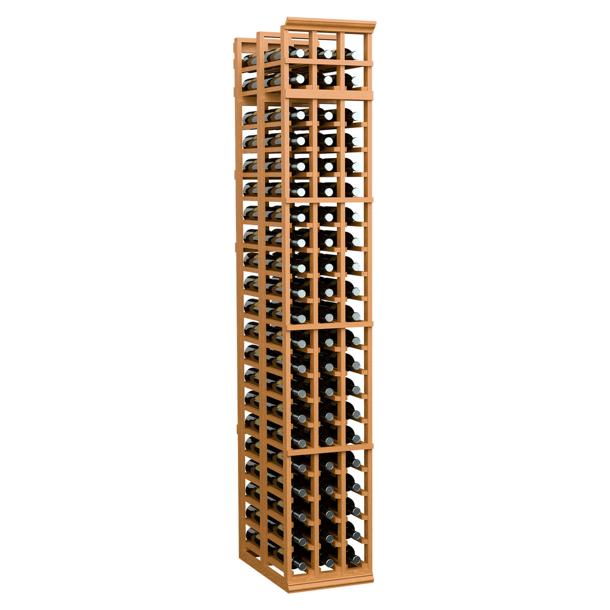 3-column double-deep wine bottle rack, angled front view, light wood frame with natural shelves