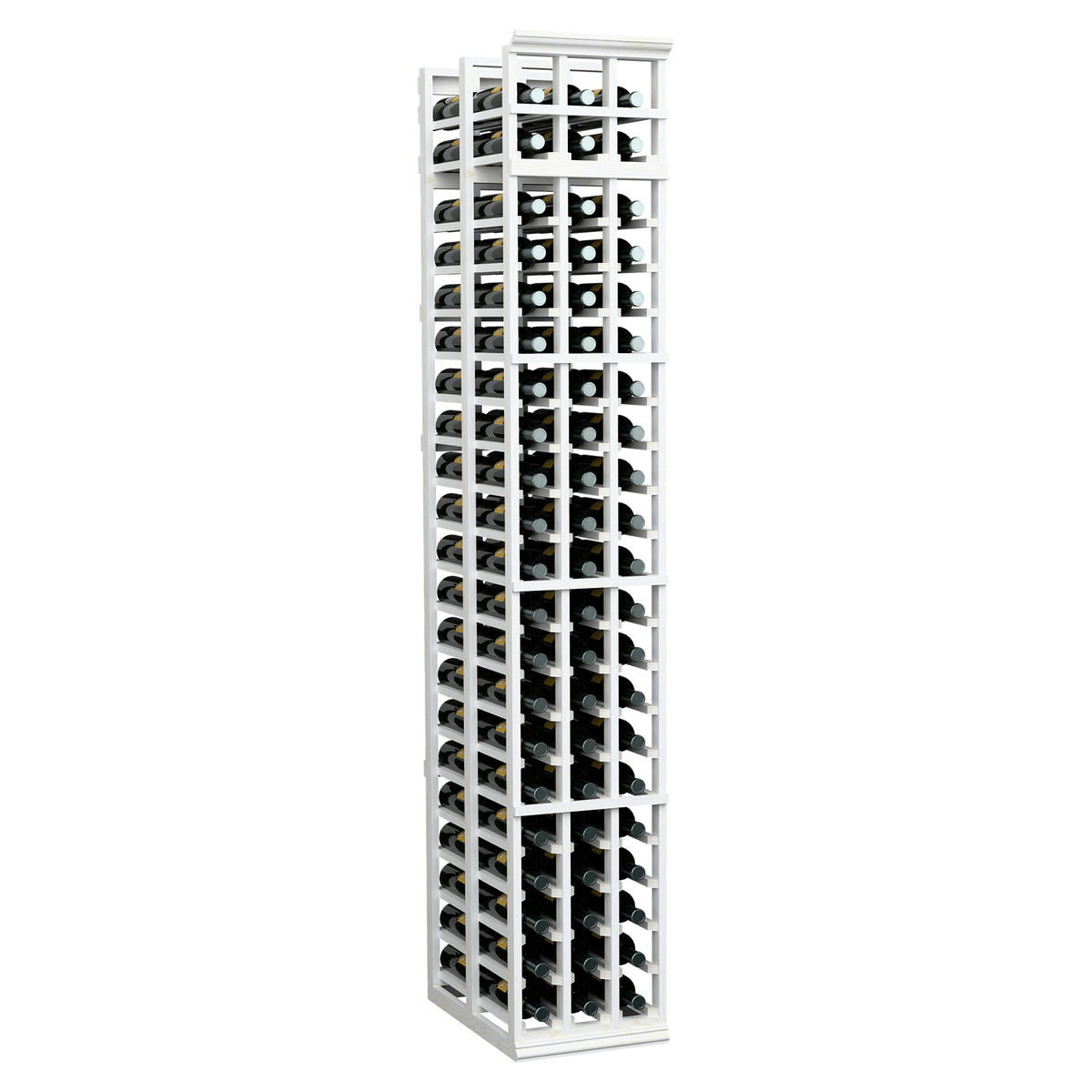 3-column double-deep wine bottle rack, angled front view, white frame with dark interior