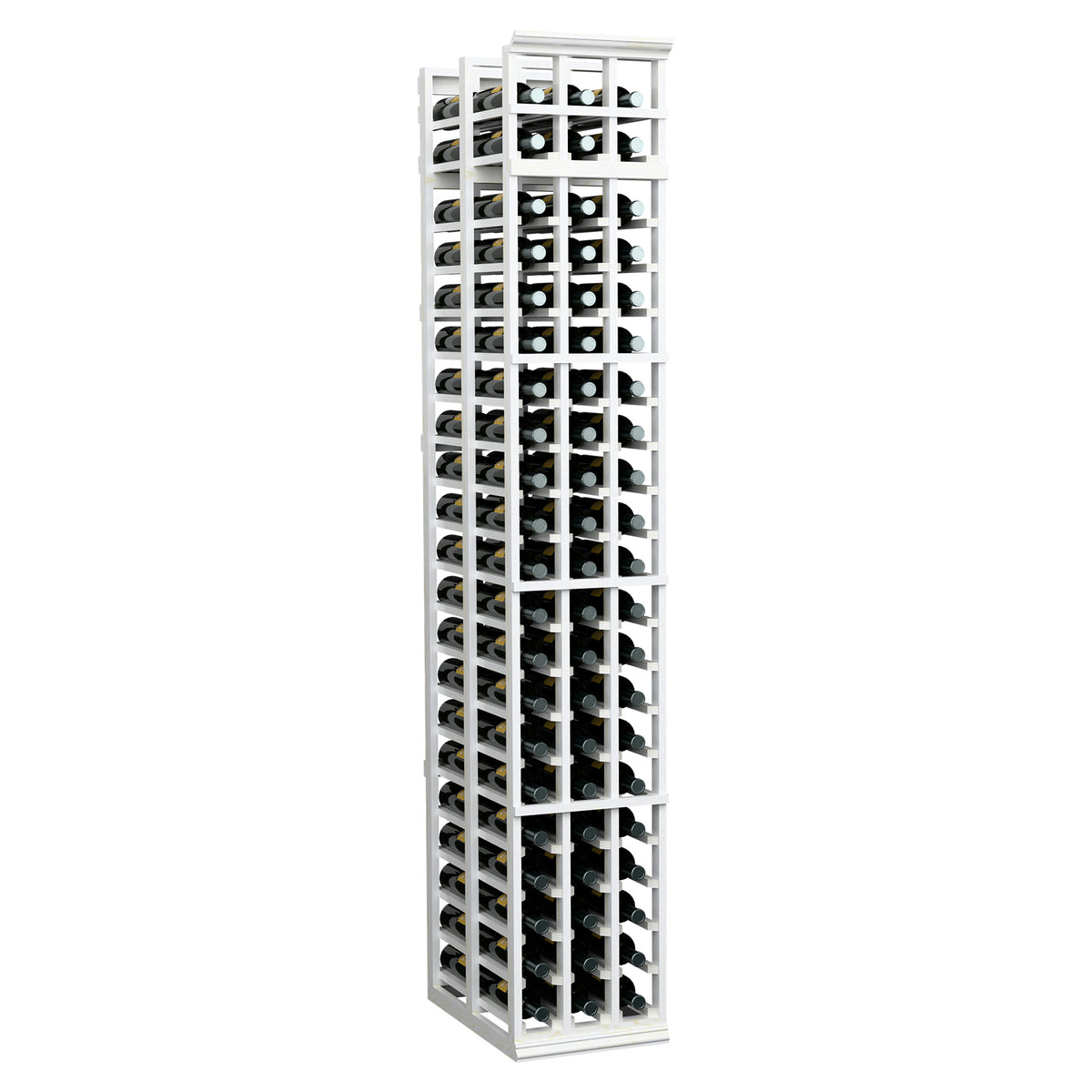 3-column double-deep wine bottle rack, angled front view, white-finished frame and dark bottle slots