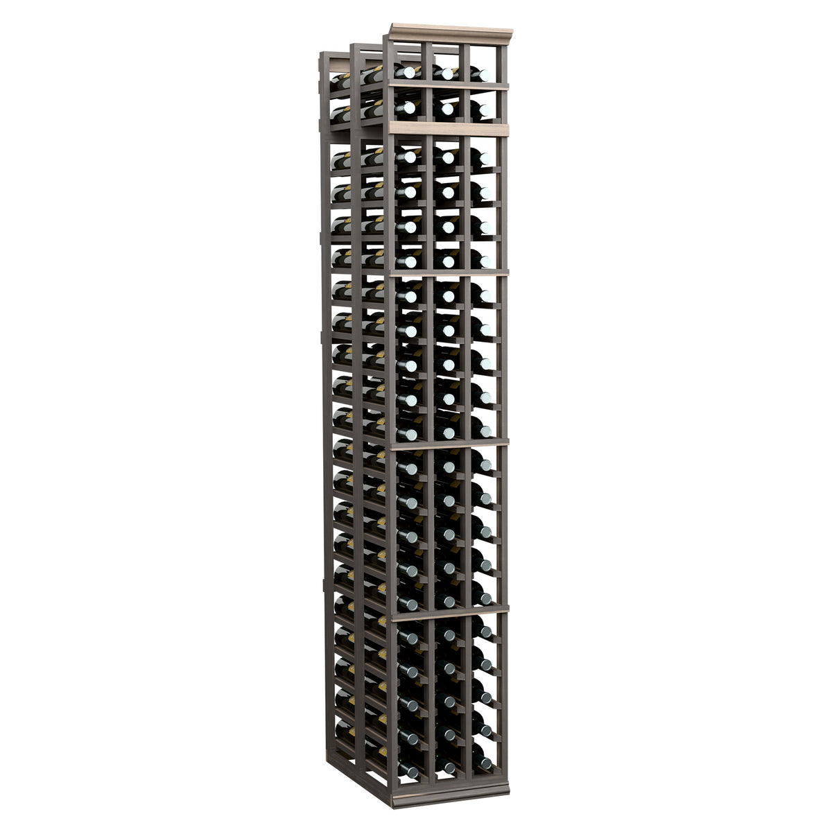 3-column double-deep wine rack, dark stained wood, holds bottles in front grid